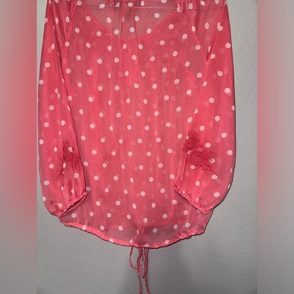 Nine‎ West Pink & White Polk a  Dot Sheer Embroidered Blouse Size S - Picture 7 of 7